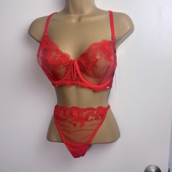 Blue Bella Marseille Embroidered Floral Bra &Thong Panies In Tomato Red NWT 40DD - Picture 5 of 16